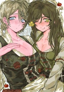 Rule 34 | 2girls, apple, apron, axis powers hetalia, black dress, blonde hair, blue eyes, blush, bow, breasts, brown hair, cleavage, closed mouth, collarbone, commentary, dress, floral print, flower, food, fruit, green dress, green eyes, hair between eyes, hair flower, hair ornament, hand on own chest, hand up, highres, hungarian clothes, hungary (hetalia), juliet sleeves, large breasts, leaf print, long hair, long sleeves, looking at viewer, medium breasts, multiple girls, one eye closed, puffy long sleeves, puffy short sleeves, puffy sleeves, red bow, rose print, short hair, short sleeves, sidelocks, simple background, sitting, smile, sparkle, symbol-only commentary, tongue, tongue out, ukraine (hetalia), verysoftpigeon, waist apron, white apron, white background, x hair ornament, yellow flower