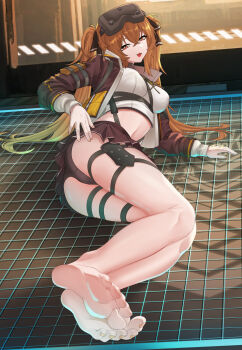 1girl ass barefoot black_panties breasts brown_eyes brown_hair brown_jacket crop_top crossed_bangs dark_skin feet foot_focus girls&#039;_frontline girls&#039;_frontline_2:_exilium goggles goggles_on_head highres holster impossible_clothes impossible_shirt indoors jacket legs legs_together lenna_(girls&#039;_frontline_2) long_sleeves looking_at_viewer lying medium_breasts microskirt midriff navel on_ground on_side open_clothes open_jacket open_mouth panties pleated_skirt samsam_s2s shirt skirt soles solo thigh_holster thigh_strap toenails toes twintails ump9_(girls&#039;_frontline) underwear