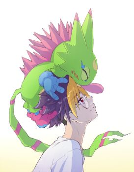 1boy animal animal_on_head blonde_hair blue_hair digimon digimon_beatbreak from_side gecko gekkomon glasses highres looking_up male_focus multicolored_hair on_head profile purple_eyes round_eyewear saku_teru shirt tenma_tomoro two-tone_hair upper_body white_shirt