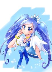 Rule 34 | 1girl, alternate hairstyle, blue background, blue bow, blue eyes, blue hair, blush, bow, brooch, choker, collarbone, crystal earrings, cure diamond, dokidoki! precure, earrings, gradient background, hair ornament, heart, heart brooch, highres, hishikawa rikka, jewelry, long hair, looking at viewer, magical girl, manekineko5319, ponytail, precure, solo, twintails, twintails day, upper body, waist bow, yellow choker