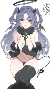 Rule 34 | 1girl, absurdres, alternate costume, bat wings, black bra, black panties, black thighhighs, blue archive, blush, bra, breasts, claw pose, commentary, demon horns, demon tail, detached sleeves, flustered, fur, fur trim, grimace, halloween, halloween costume, halo, highres, horns, long hair, looking at viewer, medium breasts, midriff, navel, open mouth, panties, purple eyes, purple hair, revealing clothes, simple background, stomach, sweat, tail, thick thighs, thighhighs, thighs, two side up, underwear, urosu (678 ner), white background, wings, yuuka (blue archive)