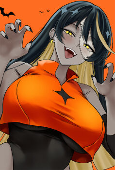 1girl ado_(utaite) black_hair black_nails blonde_hair breasts claw_pose colored_inner_hair commentary earrings highres jewelry large_breasts long_hair m_(1n910) multicolored_hair nail_polish open_mouth orange_hair romero_(ado) show_(ado) solo stitches symbol-only_commentary textless_version underboob upper_body yellow_eyes zombie