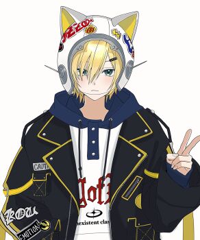 1boy animal_ear_helmet animal_ears animal_helmet arm_belt ashita_(fm7hxj) belt black_belt black_jacket blonde_hair blue_hood blush cat_ears caution closed_mouth clothes_writing drawstring fake_animal_ears green_eyes hair_ornament hair_over_one_eye hairclip helmet highres hood hood_down hoodie jacket lapels layered_sleeves looking_at_viewer loose_belt male_focus nijisanji notched_lapels open_belt open_clothes open_jacket pocket print_hoodie short_hair simple_background sleeves_past_wrists solo space_helmet standing sticker straight-on unzipped upper_body uzuki_kou uzuki_kou_(5th_costume) v virtual_youtuber white_background white_helmet white_hoodie wolf_cut yellow_belt yellow_trim