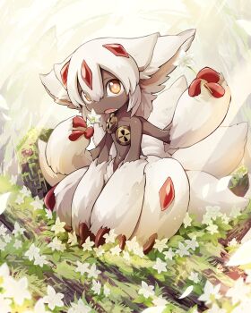 1girl absurdres animal_ears bright_pupils claws collarbone commentary_request dark-skinned_female dark_skin day extra_arms eyes_visible_through_hair faputa fewer_digits flower full_body gunjima_souichirou hair_between_eyes hands_up highres holding holding_flower light_beam looking_at_viewer lower_teeth_only made_in_abyss medium_hair moss multiple_tails on_ground open_mouth orange_eyes outie_navel own_hands_together rock sharp_teeth sitting solo tail teeth very_dark_skin white_flower white_fur white_hair