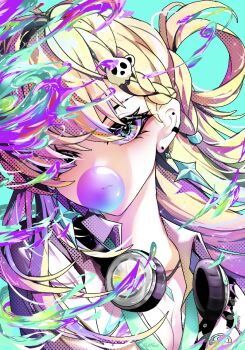 1girl aqua_necktie blonde_hair blowing_bubble_gum breasts chewing_gum cleavage commentary earrings english_commentary funtazzy hair_ornament headphones headphones_around_neck jewelry long_hair looking_at_viewer lynae_(wuthering_waves) medium_breasts necktie portrait purple_eyes skull_hair_ornament solo star_(symbol) star_earrings wuthering_waves