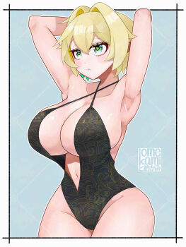 1girl alternate_costume armpits arms_behind_head arms_up black_one-piece_swimsuit blonde_hair blue_background blush border breasts cleavage cowboy_shot criss-cross_halter expressionless green_eyes hair_intakes halterneck highres large_breasts looking_afar mizuhashi_parsee one-piece_swimsuit open_mouth pointy_ears print_one-piece_swimsuit short_hair solo swimsuit tomekami touhou watermark watermark_grid wave_print white_border