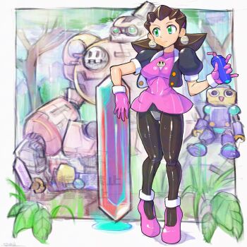 1girl black_jacket black_pantyhose blurry blurry_background breasts brooch brown_hair cropped_jacket crotch_plate cup dress earrings full_body green_eyes highres holding holding_cup jacket jewelry medium_breasts medium_hair mega_man_(series) mega_man_legends_(series) oomasa_teikoku open_clothes open_jacket pantyhose pink_dress servbot_(mega_man) sketch skull_brooch skull_earrings solo_focus standing tron_bonne_(mega_man) watermark