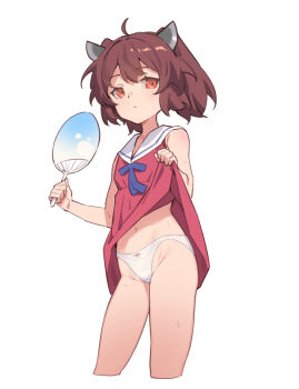 1girl ahoge brown_hair clothes_lift dress dress_lift expressionless flat_chest hand_fan headgear highres lifting_own_clothes looking_at_viewer orange_eyes panties solo touhoku_kiritan underwear voiceroid white_panties yamamomo_(plank)