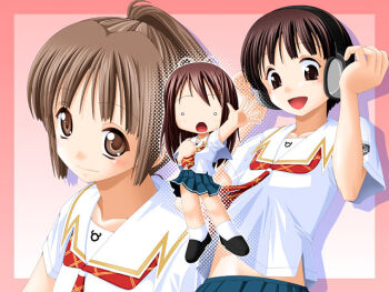 Rule 34 | 2000s (style), 3girls, ankle socks, antenna hair, archived source, blouse, blue skirt, blush, border, breasts, brown eyes, brown hair, chibi, closed mouth, collarbone, collared shirt, commentary request, dated commentary, dot nose, downturned eyes, dress shoes, drop shadow, emblem, full body, halftone, hand on own chest, headphones, hoshino yuumi, keito (keito-ya), kibina high school uniform, kimi kiss, loafers, looking at viewer, miniskirt, multiple girls, neckerchief, open hand, open mouth, pink background, pink border, plaid clothes, plaid neckerchief, pleated skirt, ponytail, print sleeves, red neckerchief, retro artstyle, sailor collar, sakino asuka, satonaka narumi, school uniform, shirt, shoes, short sleeves, side slit, skirt, small breasts, smile, socks, upper body, upturned eyes, white eyes, white sailor collar, white shirt, white sleeves, white socks