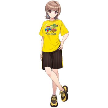 Rule 34 | 1girl, black shorts, breasts, brown hair, closed mouth, dolphin wave, don quijote (store), donpen, earrings, feather earrings, feathers, full body, game cg, hand on own hip, highres, jewelry, kamie tsugumi, large breasts, looking at viewer, medium hair, no socks, non-web source, official art, ootomo takuji, phenix phenio, print shirt, red eyes, shirt, shoes, shorts, single earring, single hair intake, smile, sneakers, solo, standing, t-shirt, transparent background, yellow shirt