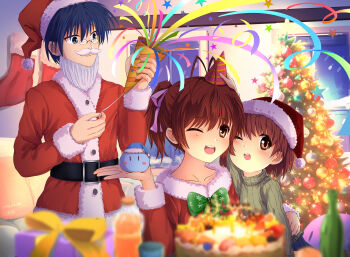 Rule 34 | 1boy, 2023, 2girls, absurdres, alternate costume, antenna hair, artist name, bespectacled, blue eyes, blue hair, blurry, blush, blush stickers, bow, box, brown eyes, brown hair, cake, christmas, christmas cake, christmas tree, clannad, closed mouth, commentary request, confetti, couple, cowboy shot, dango daikazoku, dated, depth of field, fake beard, fake facial hair, fake mustache, family, family bonding, father and daughter, food, furukawa nagisa, gift, gift box, glasses, green bow, green sweater, hair between eyes, hair ribbon, happy, hat, heads together, hetero, highres, hug, husband and wife, indoors, key season, looking at another, looking at viewer, medium hair, mother and daughter, multiple girls, okazaki tomoya, okazaki ushio, open mouth, party hat, party popper, ponytail, purple ribbon, ribbed sweater, ribbon, santa costume, santa hat, short hair, smile, snowflake print, sweater, teeth, upper body, upper teeth only, window, | |