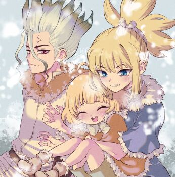 1boy 2girls blonde_hair child choker coat dr._stone grass highres ishigami_senkuu kohaku_(dr._stone) multicolored_hair multiple_girls ninomae_gin ponytail rope_belt snow spiked_hair split_ponytail suika_(dr.stone) tall_grass tall_hair two-tone_hair white_choker