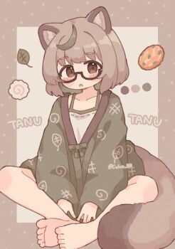 1girl animal_ears barefoot black-framed_eyewear blush border brown_border brown_eyes brown_hair camisole colon_br color_guide commentary feet food full_body glasses green_kimono highres japanese_clothes kamaboko kimono leaf leaf_on_head long_sleeves looking_at_viewer narutomaki open_mouth original outside_border raccoon_ears raccoon_girl raccoon_tail semi-rimless_eyewear short_hair simple_background sitting solo tail under-rim_eyewear white_camisole