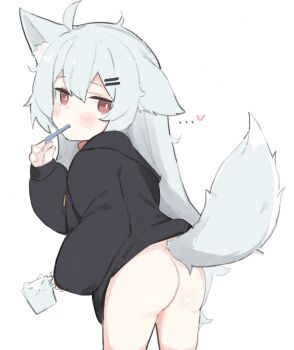 ... 1girl ahoge animal_ear_fluff animal_ears ass bad_id bad_pixiv_id black_hoodie blue_hair bottomless brown_eyes cup fenrir_(fenriluuu) from_behind hair_between_eyes heart holding holding_cup hood hood_down hoodie leaning_forward light_blue_hair loli long_hair long_sleeves looking_at_viewer looking_back mug original puffy_long_sleeves puffy_sleeves rir-chan silver_hair simple_background sleeves_past_wrists solo standing tail toothbrush toothbrush_in_mouth very_long_hair white_background
