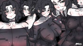 1girl absurdres artist_name bare_shoulders black_bodysuit black_choker black_eyes black_hair bodysuit breasts character_costume choker closed_mouth collarbone commentary enderman english_commentary glasses hand_up highres jrpencil large_breasts looking_at_viewer minecraft multiple_views open_mouth original parted_lips saliva short_hair smile v