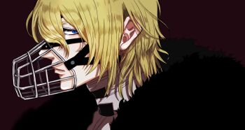 1boy blonde_hair blue_eyes closed_mouth commentary_request dimitri_alexandre_blaiddyd dimitri_alexandre_blaiddyd_(timeskip) eyelashes fire_emblem fire_emblem:_three_houses from_side hair_behind_ear lips looking_to_the_side male_focus muzzle_(mask) nintendo ootuk simple_background solo upper_body