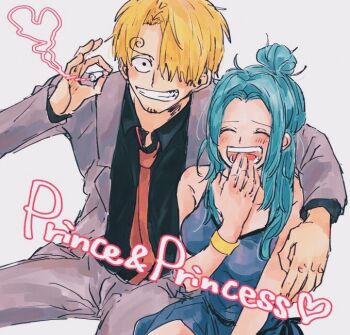 Rule 34 | 1boy, 1girl, ^ ^, black shirt, blonde hair, blue hair, blush, cigarette, closed eyes, collared shirt, commentary request, curly eyebrows, facial hair, formal clothes, goatee, grey suit, hair bun, hair over one eye, heart, hebi d hebi, holding, holding cigarette, looking at viewer, nefertari vivi, one piece, sanji (one piece), shirt, short hair, sitting, smile, suit