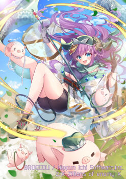 1girl black_gloves black_shorts blue_eyes bracelet braid braided_hair_rings breasts brown_horns cleavage copyright_notice demon_girl demon_horns demon_tail floating_hair gloves green_hat green_scarf hair_ornament hair_rings hat holding holding_weapon horns japanese_clothes jewelry kimono leaf long_hair midriff natsuki_(ukiwakudasai) navel obi official_art open_mouth outdoors pig pointy_ears polearm purple_hair sash sasumata scarf shoes shorts sparkle tail underboob weapon white_kimono z/x