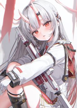 1girl assault_rifle black_boots boots braid center-flap_bangs coat collared_dress commentary_request dress fang gloves gold_trim gradient_hair grey_hair gun h&amp;k_hk416 hair_between_horns half_up_braid highres holding holding_gun holding_weapon hololive horns iruka3 knee_boots knee_up legwear_garter long_hair long_sleeves looking_at_viewer multicolored_hair nakiri_ayame nakiri_ayame_(9th_costume) necktie oni open_mouth red_eyes red_hair red_necktie rifle short_dress sitting skin-covered_horns skin_fang solo streaked_hair suppressor virtual_youtuber weapon white_coat white_dress white_gloves