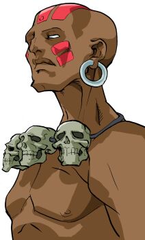 Rule 34 | 1boy, bald, bengus, capcom, dhalsim, earrings, facepaint, from side, game cg, highres, jewelry, male focus, muscular, muscular male, necklace, no pupils, non-web source, official art, portrait, simple background, skull necklace, solo, street fighter, street fighter zero (series), upper body, white background, white eyes