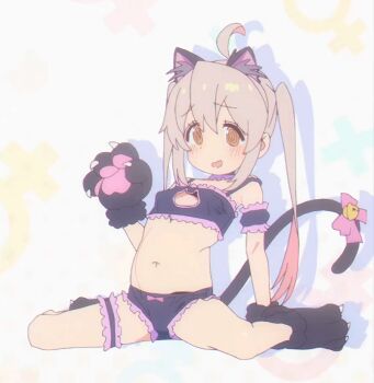 1girl @_@ ahoge ahoge_wag animal_ear_fluff animal_ears animal_hands animated animated_gif armband bell blush bow bra breasts brown_eyes cat_ears cat_lingerie cat_tail cleavage_cutout clothing_cutout expressive_hair fake_animal_ears fake_tail female_focus frilled_bra frilled_panties frills full_body gloves grey_hair hair_between_eyes heart_cutout legband loli long_hair looking_at_viewer navel onii-chan_wa_oshimai! oyama_mahiro panties paw_gloves paw_pose screencap sitting small_breasts solo stomach strap_slip tail tail_bell tail_bow tail_ornament tail_wagging twintails underwear wariza