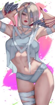 1girl a.k.i._(street_fighter) bandage_over_one_eye bandaged_arm bandaged_leg bandaged_neck bandages bandeau bikini blonde_hair breasts claw_ring crop_top eyepatch fingernails grey_bikini hair_between_eyes half-closed_eyes halterneck highres large_breasts medium_hair midriff nail_polish navel patreon_username red_lips red_nails sharp_fingernails sign solo street_fighter street_fighter_6 swimsuit wei_(promise_0820)