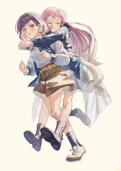 2girls absurdres bang_dream! bang_dream!_it&#039;s_mygo!!!!! black_boots black_socks blue_jacket boots brown_shoes brown_skirt chihaya_anon closed_eyes commentary earrings full_body geng99161 grey_hair highres hug hug_from_behind indoors jacket jewelry long_hair long_sleeves multiple_girls open_clothes open_jacket open_mouth own_hands_together pink_hair red_eyes shirt shoes short_hair simple_background skirt smile socks takamatsu_tomori white_background white_shirt white_skirt