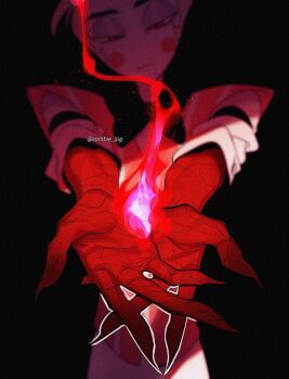 1boy artist_name black_background black_bow black_bowtie blonde_hair blurry blurry_background bow bowtie circle_facial_mark closed_mouth colored_extremities commentary cowboy_shot depth_of_field embers fire frown half-closed_eyes hazbin_hotel hellaverse highres lucifer_morningstar_(hazbin_hotel) male_focus outline pants pink_fire pink_vest pyrokinesis reaching reaching_towards_viewer red_eyes red_hands shirt short_hair simple_background solo striped_clothes striped_vest traditional_bowtie twitter_username vest white_outline white_pants white_shirt zombie_jpg