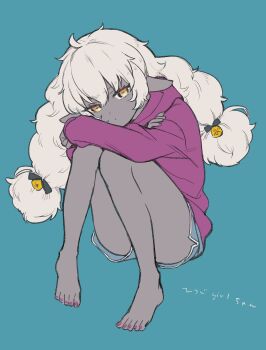 1girl ahoge animal_ears aqua_background arms_on_knees barefoot bell black_ribbon blue_shorts borrowed_character closed_mouth commentary_request dark-skinned_female dark_skin dolphin_shorts flat_color fluffy_hair full_body hair_bell hair_between_eyes hair_ornament hair_ribbon head_tilt highres hood hood_down hoodie horizontal_pupils knees_up long_hair long_sleeves looking_at_viewer low_twintails orange_eyes original purple_hoodie purple_nails ribbon sheep_ears sheep_girl_(terayamaden) shorts simple_background sitting solo thighs twintails uruu_akua white_hair