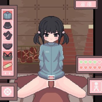 1boy 1girl animated animated_gif ball bar_censor black_hair blush bottomless breath censored cowgirl_position cum cum_in_pussy ejaculation gameplay_mechanics girl_on_top gym_storeroom happy_sex hetero indoors internal_cumshot jacket loli looking_at_viewer open_mouth original penis pixel_art pov pussy sex smile sotie straddling sweat track_jacket twintails user_interface uterus vaginal x-ray