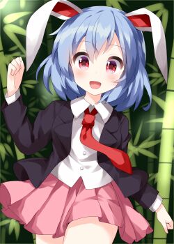 Rule 34 | 1girl, :d, animal ears, bamboo, black jacket, blue hair, blush, breasts, collared shirt, commentary request, cowboy shot, floppy ears, hair between eyes, hand up, happy, highres, jacket, long sleeves, looking at viewer, necktie, one-hour drawing challenge, open clothes, open jacket, open mouth, outdoors, pink skirt, pleated skirt, rabbit ears, red eyes, red necktie, reisen (touhou bougetsushou), ruu (tksymkw), shirt, short hair, skirt, small breasts, smile, solo, standing, suit jacket, thighs, touhou, white shirt