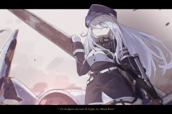 Rule 34 | 1girl, 86 -eightysix-, absurdres, belt, blue jacket, breasts, closed mouth, commentary, elinanoodles, from below, garter straps, grey eyes, grey hair, gun, gun sling, hair between eyes, hair over eyes, hat, high-waist skirt, highres, holding, holding gun, holding weapon, jacket, long hair, long sleeves, mecha, medium breasts, military, military combat uniform, military hat, military jacket, military rank insignia, military uniform, peaked cap, rifle, robot, single hair streak, skirt, solo, thighhighs, very long hair, vladilena millize, weapon, white belt, white hair