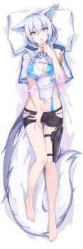 1girl absurdres animal_ears arknights barefoot black_shorts blue_hair blue_shirt braid breasts cleavage commentary_request dakimakura_(medium) double-parted_bangs fingernails full_body hair_between_eyes hand_to_own_mouth hand_up head_on_pillow highres kolimiya large_breasts legs long_hair looking_at_viewer lying navel official_alternate_costume on_back parted_lips pillow provence_(arknights) provence_(casual_vacation)_(arknights) shirt short_shorts short_sleeves shorts signature solo tail toenails toes wolf_ears wolf_tail yellow_eyes
