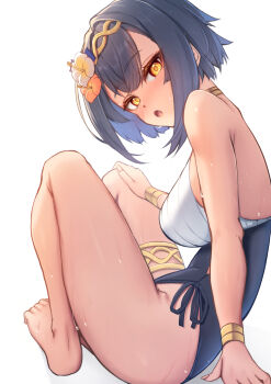 1girl amber_(stella_sora) arm_support bare_arms bare_legs bare_shoulders barefoot black_hair black_leotard blush breasts commentary_request flower from_side hair_flower hair_ornament hand_on_own_knee highres knees_up large_breasts leotard looking_at_viewer looking_to_the_side nose_blush open_mouth orange_flower sideboob simple_background small_sweatdrop solo stella_sora sweat tatapopo white_background white_flower yellow_eyes