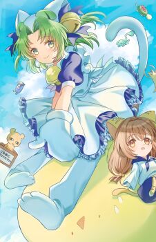 1girl 2girls animal_ears animal_hat apron bell blue_sailor_collar bow brown_eyes brown_hair cat_hat cat_tail chibi cloud commentary_request dejiko di_gi_charat di_gi_charat_(1999) dress flying gema green_eyes green_hair hair_bell hair_ornament hat highres jingle_bell looking_at_viewer low_twintails mittens multiple_girls neck_bell open_mouth parted_bangs paw_shoes petticoat puffy_short_sleeves puffy_sleeves sailor_collar sailor_shirt shirt short_hair short_sleeves sky tail tail_bow tail_ornament twintails user_kzgn8858 white_apron white_mittens white_shirt