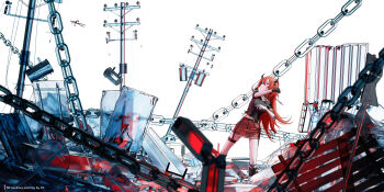 1girl absurdres arknights artist_name belt black_belt black_choker black_gloves black_shirt blurry blurry_foreground breasts chain choker cii_(1415509675) closed_mouth cross cross_necklace day demon_horns denim denim_skirt dutch_angle feet_out_of_frame floating floating_object glass gloves head_tilt highres horns jewelry kneehighs latin_cross leaning lips long_hair looking_up midriff_peek necklace official_alternate_costume outdoors purple_eyes red_hair red_skirt road_sign ruins scenery shirt short_sleeves sign single_glove skirt slit_pupils socks solo standing steel_beam surtr_(arknights) surtr_(liberte_echec)_(arknights) thigh_strap utility_pole very_long_hair white_background wire