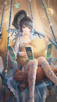 1girl absurdres artist_request asymmetrical_skirt barefoot_sandals_(jewelry) beads black_hair blue_eyes blue_skirt breasts card cleavage closed_mouth cloud collarbone crescent curtains dreamcatcher dreamscape_starlight_(shining_nikki) earrings eyelashes feather_earrings feathers feet_out_of_frame floating_card game_cg hair_beads hair_ornament hairband hammock happy high_side_ponytail highres holding holding_pillow indoors jacket jewelry lace lace-trimmed_jacket lace-trimmed_skirt lace_jacket lace_trim light_particles lipstick long_hair long_skirt long_sleeves magic makeup nikki_(series) official_art on_hammock open_clothes open_jacket pillow pink_lips pleated_skirt priestess_tess_(shining_nikki) rope see-through_clothes see-through_jacket see-through_sleeves shining_nikki sitting skirt sleeves_past_wrists small_breasts smile solo sparkle star-shaped_pillow star_(symbol) stuffed_animal stuffed_toy tarot tarot_card teddy_bear wavy_hair white_jacket