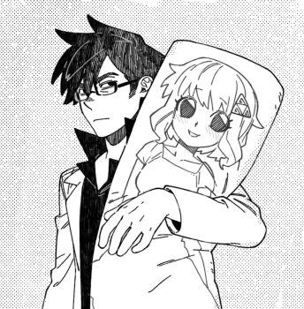 1boy black_hair dakimakura_(object) dress gideon_graves glasses greyscale hair_ornament highres jacket long_sleeves male_focus monochrome open_clothes open_jacket pillow popped_collar ramona_flowers scott_pilgrim_(series) scott_pilgrim_takes_off short_hair short_sleeves smile sunsetqaqawa