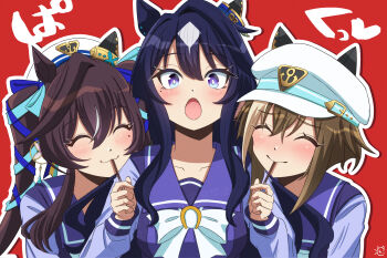 3girls :3 :o ^_^ animal_ears aqua_ribbon blue_hair blue_ribbon bow bowtie brown_hair cheval_grand_(umamusume) closed_eyes color_neko_(user_yfvc3323) commentary_request diamond_(shape) double-parted_bangs ear_covers ear_ornament ears_through_headwear eating food hair_between_eyes hair_ribbon hat highres holding holding_food holding_pocky horse_ears horse_girl long_hair long_sleeves mole mole_under_eye multicolored_hair multiple_girls open_mouth pocky purple_eyes red_background ribbon sailor_hat school_uniform short_hair_with_long_locks siblings sidelocks single_ear_cover sisters streaked_hair tracen_school_uniform twintails two-tone_hair umamusume upper_body verxina_(umamusume) vivlos_(umamusume) white_bow white_bowtie white_hat winter_uniform