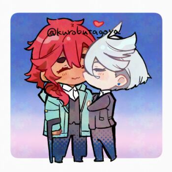 2girls black_jacket black_pants blue_jacket closed_eyes closed_mouth commentary_request crutch earrings gundam gundam_suisei_no_majo heart ii_fuufu_no_hi jacket jewelry kiss kissing_cheek kurosuke_(yekyy) long_hair lowres miorine_rembran multiple_girls pants red_hair short_hair stud_earrings suletta_mercury thick_eyebrows twitter_username white_hair yuri