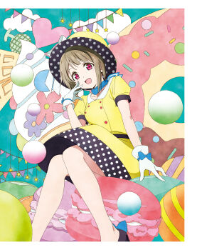 1girl artbook asymmetrical_hair blue_bow bob_cut bow buttons dress food gloves grey_hair hat highres looking_at_viewer love_live! love_live!_nijigasaki_high_school_idol_club macaron nakasu_kasumi non-web_source official_art open_mouth oversized_food oversized_object pink_eyes polka_dot polka_dot_headwear poppin&#039;_up!_(love_live!) puffy_short_sleeves puffy_sleeves ribbon short_hair short_sleeves sitting smile solo sweets top_hat white_gloves yellow_dress