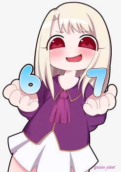 1boy 67_(meme) absurdres artist_name blush commentary english_commentary fate/stay_night fate_(series) highres illyasviel_von_einzbern long_hair meme noian_saber open_mouth purple_shirt red_eyes shirt simple_background skirt smile solo standing twitter_username white_background white_hair white_skirt