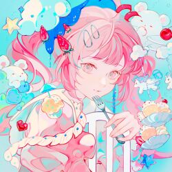 Rule 34 | 1girl, animal, bear, blue background, cherry, cirrika, closed mouth, cloud, colored eyelashes, cupcake, curly hair, eyelashes, food, fork, fruit, heart, highres, holding, holding fork, light smile, looking at viewer, multiple tails, original, pink eyes, pink hair, pink sleeves, plate, ponytail, puffy sleeves, smile, sprinkles, square, star (symbol), strawberry, tail, two tails, umbrella, unicorn, wispy bangs