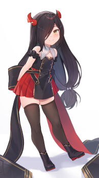 1girl absurdres aged_down arms_behind_back azur_lane bare_shoulders black_dress black_hair black_shoes black_thighhighs commission dress full_body gloves hair_over_one_eye highres horns kimi_tsuru little_friedrich_(azur_lane) long_hair looking_at_viewer pixiv_commission red_gloves red_horns shoes simple_background smile solo thighhighs very_long_hair white_background yellow_eyes