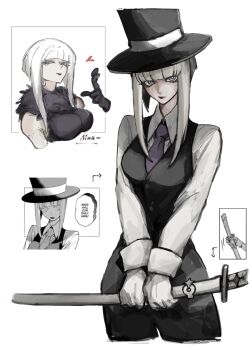 black_pants black_vest blunt_bangs breasts cropped_legs gachiakuta grey_eyes hashtag-only_commentary hat highres holding holding_sword holding_weapon hyo_(gachiakuta) long_sidelocks long_sleeves looking_at_viewer medium_breasts necktie ozu_sen pants purple_necktie reference_inset scabbard sheath short_hair_with_long_locks sidelocks sword top_hat upper_body vest weapon