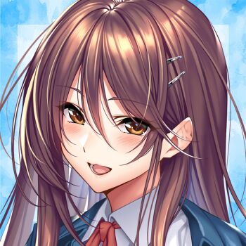 Rule 34 | 1girl, :d, amakano ~second season~, blue background, blue jacket, blush, brown eyes, brown hair, collared shirt, commentary request, cropped, eyes visible through hair, hair behind ear, hair between eyes, hair ornament, hairclip, ichinose honami (amakano), jacket, long hair, looking at viewer, lower teeth only, official art, open mouth, piromizu, shirt, smile, solo, teeth, white shirt, wing collar