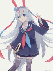 Rule 34 | 1girl, :o, animal ears, belt, belt buckle, black dress, blue eyes, buckle, dress, feet out of frame, grey background, grey hair, grey thighhighs, hairband, hand up, highres, horse ears, horse girl, horse tail, long hair, long sleeves, looking at viewer, maid headdress, neckerchief, sailor collar, simple background, solo, standing, tail, tamamo cross (umamusume), thighhighs, umamusume, urewi
