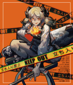 Rule 34 | 1girl, absurdres, arknights, bright pupils, brown hair, caution tape, chromatic aberration, creamyghost, fire, flamethrower, glitch, highres, holding, holding flamethrower, holding weapon, ifrit (arknights), long sleeves, looking at viewer, nail polish, orange background, orange eyes, pyrokinesis, red nails, solo, squatting, toenail polish, toenails, tongue, tongue out, twintails, vial, weapon, white pupils