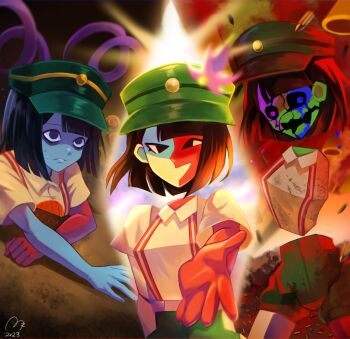 3girls amputee armless_amputee black_eyes black_hair blue_skin blunt_bangs blunt_ends bob_cut bullet colored_skin ena:_dream_bbq ena_(dream_bbq) ena_(series) ena_(species) green_ena green_hat hangover_ena hat highres hole_on_body in-universe_location looking_at_viewer multicolored_skin multiple_girls reaching reaching_towards_viewer red_skin salesperson_ena scene_reference shirt short_sleeves smile split-color_skin two-tone_skin usagimarumei