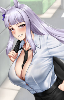1girl absurdres alternate_costume animal_ears between_breasts black_necktie black_skirt blunt_bangs blush bow bra_visible_through_clothes breasts button_gap collarbone collared_shirt commentary_request ear_bow fingernails gold_ship_(umamusume) grey_hair hand_in_pocket highres holding holding_jacket holding_unworn_clothes horse_ears horse_girl jacket jacket_over_shoulder large_breasts long_hair looking_at_viewer nail_polish necktie necktie_between_breasts office_lady partially_unbuttoned purple_eyes shirt shirt_tucked_in skirt smile solo stmoon umamusume unworn_jacket upper_body white_shirt